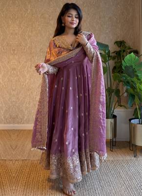 Women's lavender zari sequence embroidery work anarkali gown with dupatta 1
