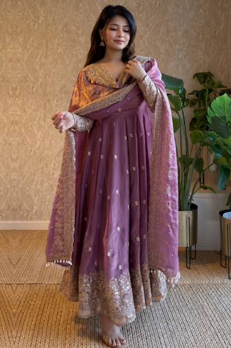 Women's lavender zari sequence embroidery work anarkali gown with dupatta