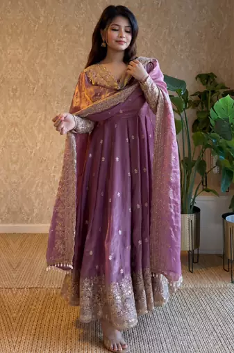 Women's lavender zari sequence embroidery work anarkali gown with dupatta
