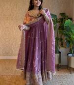 Women's lavender zari sequence embroidery work anarkali gown with dupatta