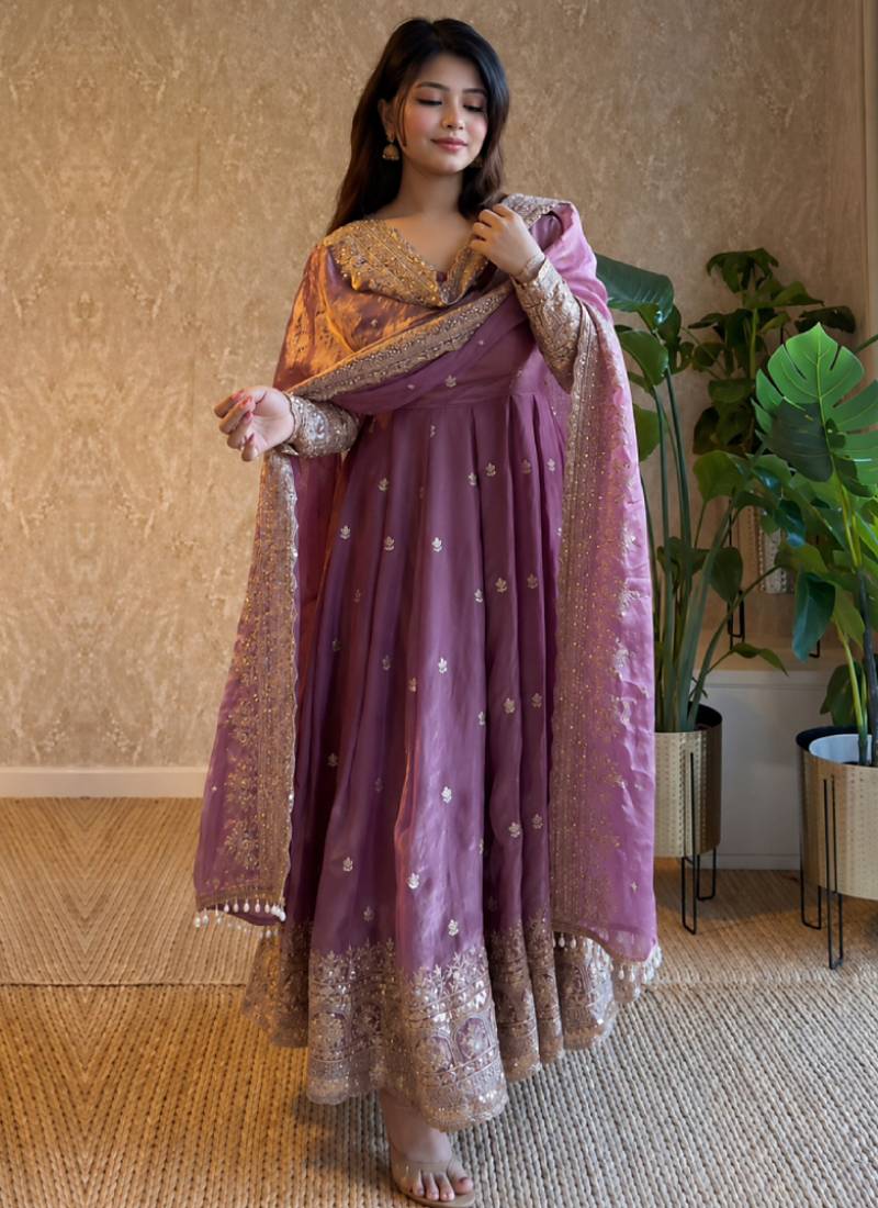 Women's lavender zari sequence embroidery work anarkali gown with dupatta