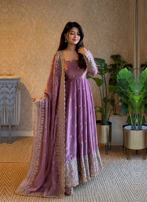 Women's lavender zari sequence embroidery work anarkali gown with dupatta 3