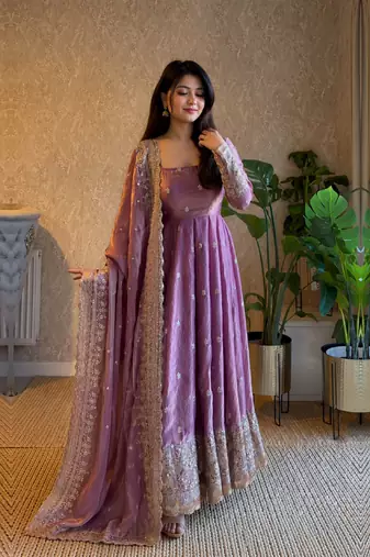 Women's lavender zari sequence embroidery work anarkali gown with dupatta