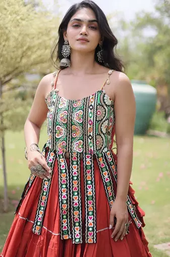 women cotton navratri lehenga choli with gota patti & lace work set for women-full stitched free size