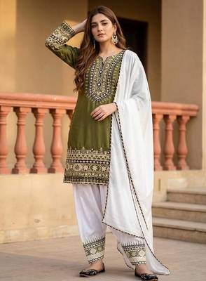 Olive Embroidery mirror And Sequance Work Silk Blend Salwar Suit 1