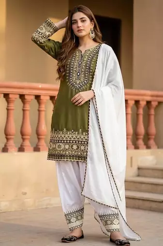 Olive Embroidery mirror And Sequance Work Silk Blend Salwar Suit