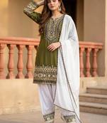 Olive Embroidery mirror And Sequance Work Silk Blend Salwar Suit