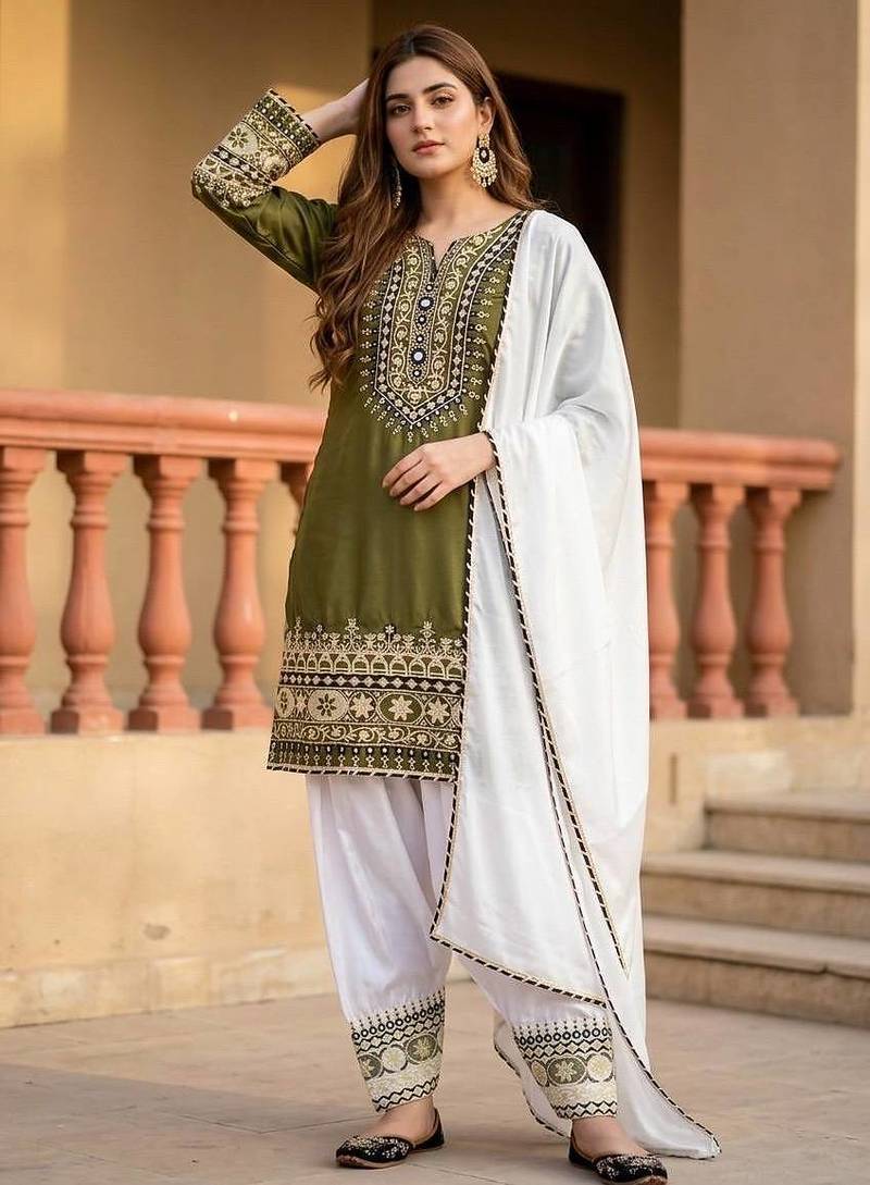 Olive Embroidery mirror And Sequance Work Silk Blend Salwar Suit