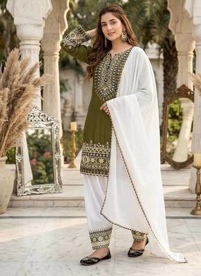 Olive Embroidery mirror And Sequance Work Silk Blend Salwar Suit 2