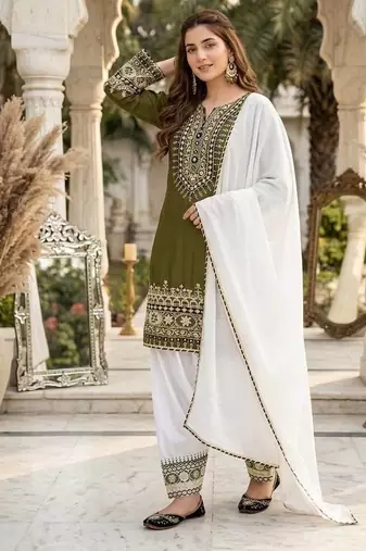 Olive Embroidery mirror And Sequance Work Silk Blend Salwar Suit