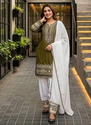 Olive Embroidery mirror And Sequance Work Silk Blend Salwar Suit 3