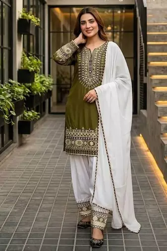 Olive Embroidery mirror And Sequance Work Silk Blend Salwar Suit