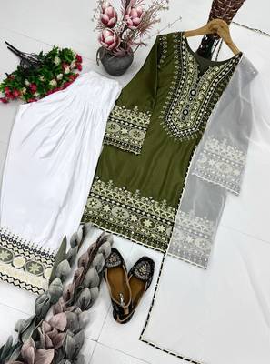 Olive Embroidery mirror And Sequance Work Silk Blend Salwar Suit 4