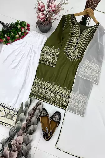 Olive Embroidery mirror And Sequance Work Silk Blend Salwar Suit