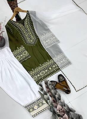Olive Embroidery mirror And Sequance Work Silk Blend Salwar Suit 5