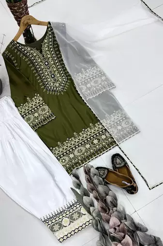 Olive Embroidery mirror And Sequance Work Silk Blend Salwar Suit