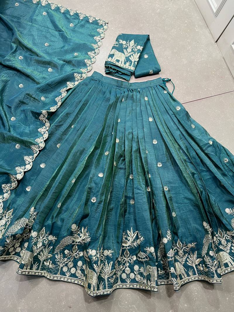 teal Gold Crush With Sequins and Thread Embroidery Lehenga Choli