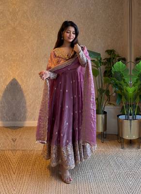 Women's lavender zari sequence embroidery work anarkali gown with dupatta 4