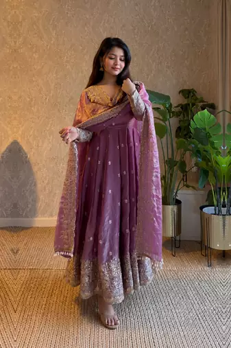 Women's lavender zari sequence embroidery work anarkali gown with dupatta