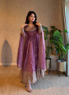 Women's lavender zari sequence embroidery work anarkali gown with dupatta 5