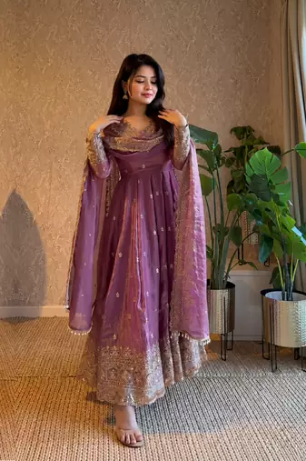 Women's lavender zari sequence embroidery work anarkali gown with dupatta