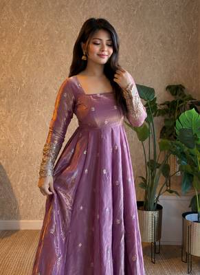 Women's lavender zari sequence embroidery work anarkali gown with dupatta 6