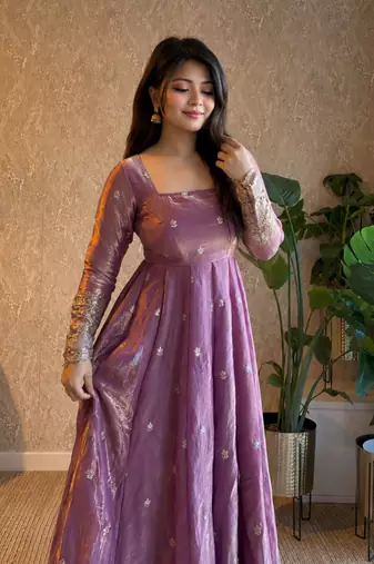 Women's lavender zari sequence embroidery work anarkali gown with dupatta