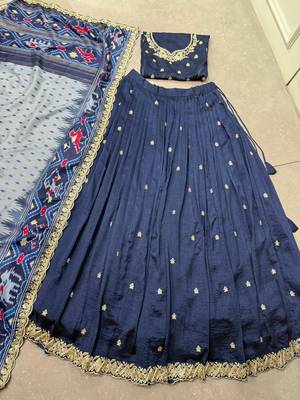 blue thread work vichitra silk blend lehenga with dupatta 6