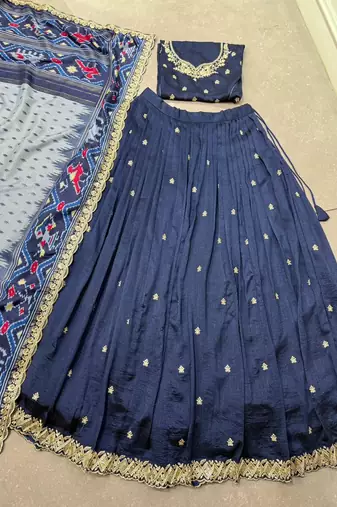 Blue Vichitra silk blend Thread Lehenga with Scalloped Border Dupatta