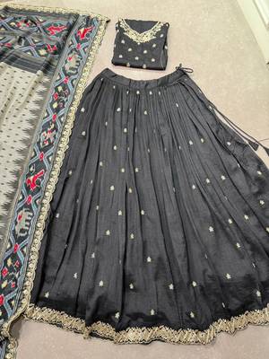 black thread work vichitra silk lehenga scalloped border dupatta 6