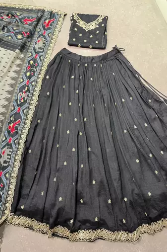 Black Vichitra Silk Thread Work Lehenga with Scalloped Border Dupatta