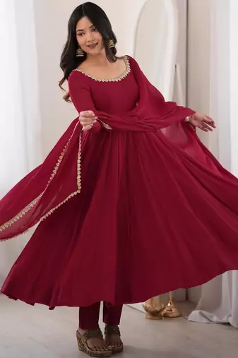 Women's maroon heavy mal chanderi anarkali kurta set with mirror handwork lace dupatta for festive wear