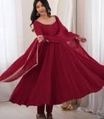 Women's maroon heavy mal chanderi anarkali kurta set with mirror handwork lace dupatta for festive wear