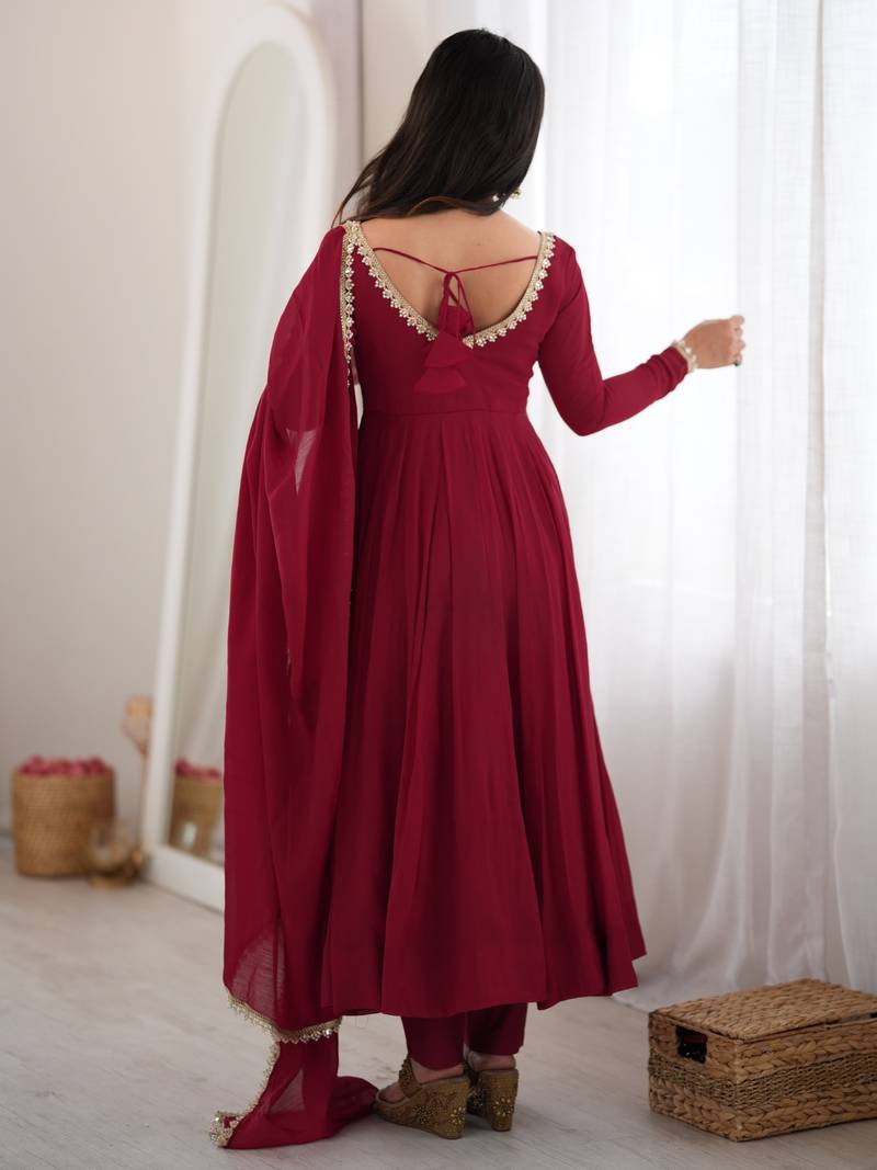 Women's maroon heavy mal chanderi anarkali kurta set with mirror handwork lace dupatta for festive wear