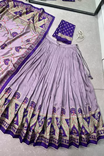 Purple Printed Tasar Silk Pleated Lehenga Choli for Women