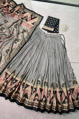 Balck Printed Tasar Silk Pleated Lehenga Choli for Women