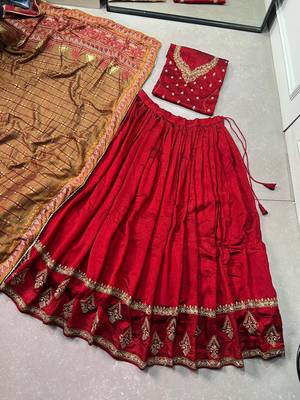 red vichitra silk blend sequins thread work embroidered lehenga choli 6