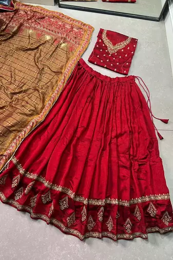 Women Vichitra silk blend Sequins & Thread Embroidered Lehenga Choli