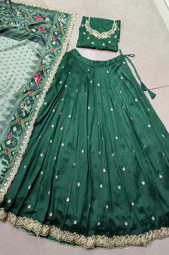 Green Vichitra Silk Thread Work Lehenga with Scalloped Border Dupatta