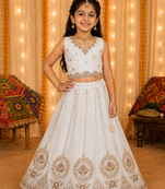 Off white embroidered girls lehenga choli set in fandy silk with khatli beads work for wedding