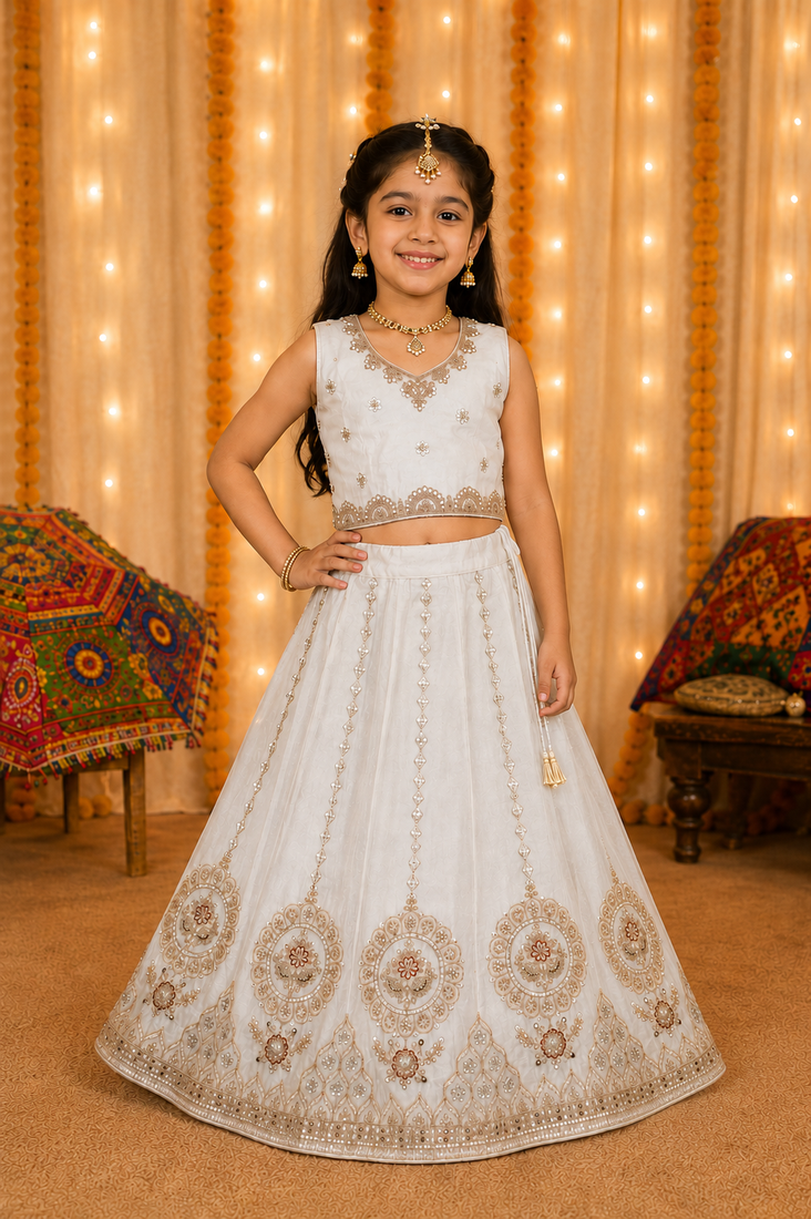 Off white embroidered girls lehenga choli set in fandy silk with khatli beads work for wedding