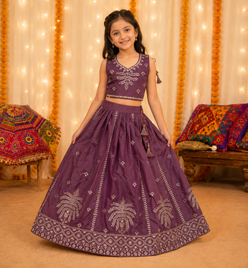 Kid's embroidered lehenga choli set in chocolate silk with beads work for wedding 1