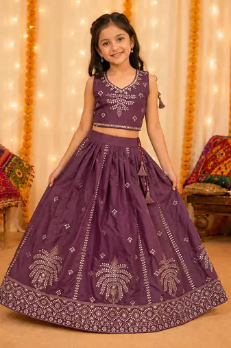 Kid's embroidered lehenga choli set in chocolate silk with beads work for wedding