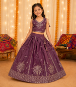 Kid's embroidered lehenga choli set in chocolate silk with beads work for wedding