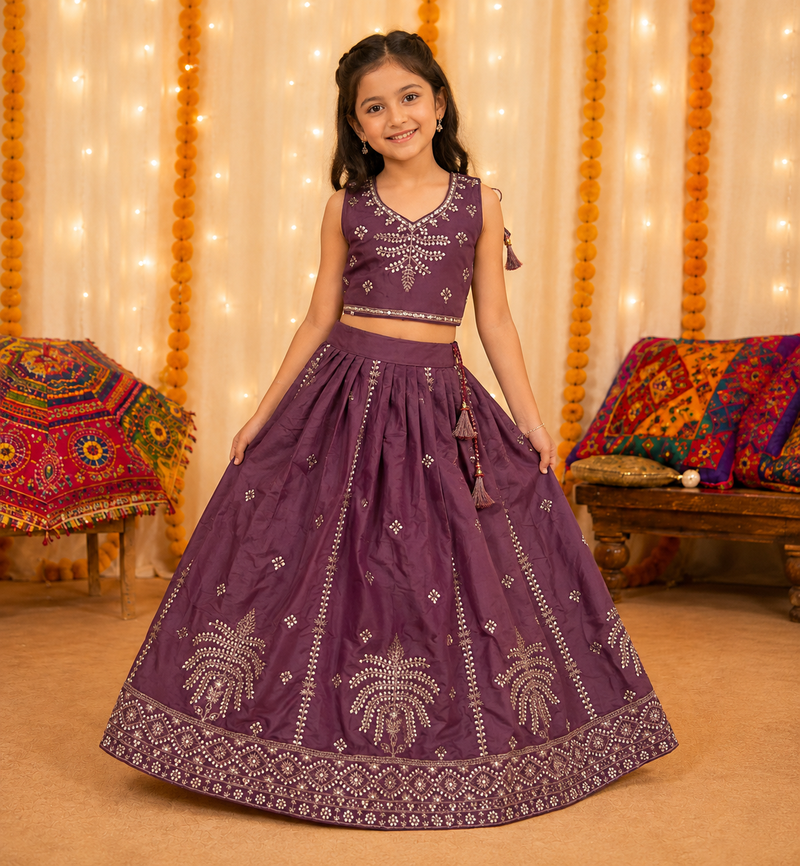 Kid's embroidered lehenga choli set in chocolate silk with beads work for wedding