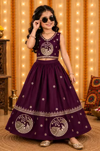 Kid's embroidered girls satin silk lehenga choli set with khatli beads work for wedding