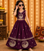 Kid's embroidered girls satin silk lehenga choli set with khatli beads work for wedding
