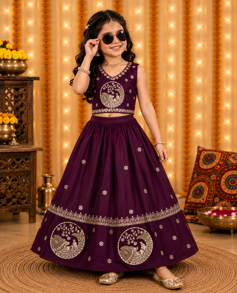 Kid's embroidered girls satin silk lehenga choli set with khatli beads work for wedding