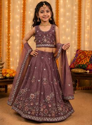 Kid's mauve embroidered barabari silk lehenga choli with bits work and tawil net dupatta for wedding 1