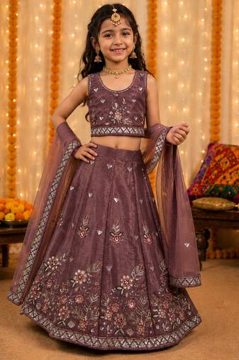 Kid's mauve embroidered barabari silk lehenga choli with bits work and tawil net dupatta for wedding